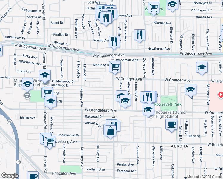 map of restaurants, bars, coffee shops, grocery stores, and more near 1302 Glenwood Drive in Modesto