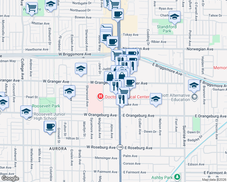 map of restaurants, bars, coffee shops, grocery stores, and more near 1525 McHenry Avenue in Modesto