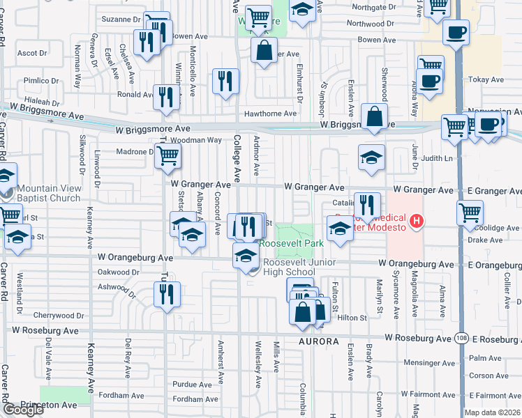 map of restaurants, bars, coffee shops, grocery stores, and more near 1522 Ardmor Avenue in Modesto