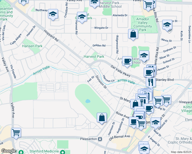map of restaurants, bars, coffee shops, grocery stores, and more near 1029 Division Street in Pleasanton