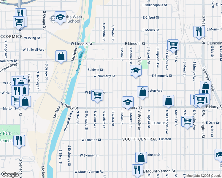 map of restaurants, bars, coffee shops, grocery stores, and more near 1447 South Water Street in Wichita