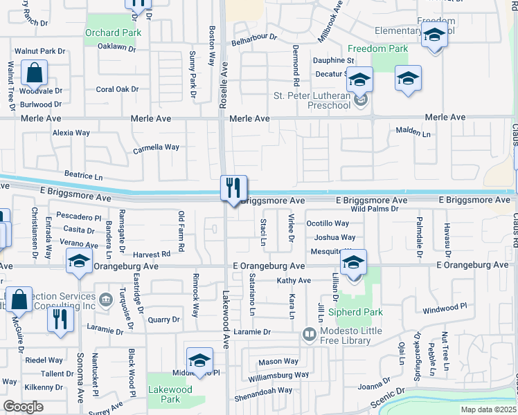 map of restaurants, bars, coffee shops, grocery stores, and more near 1529 Staci Lane in Modesto