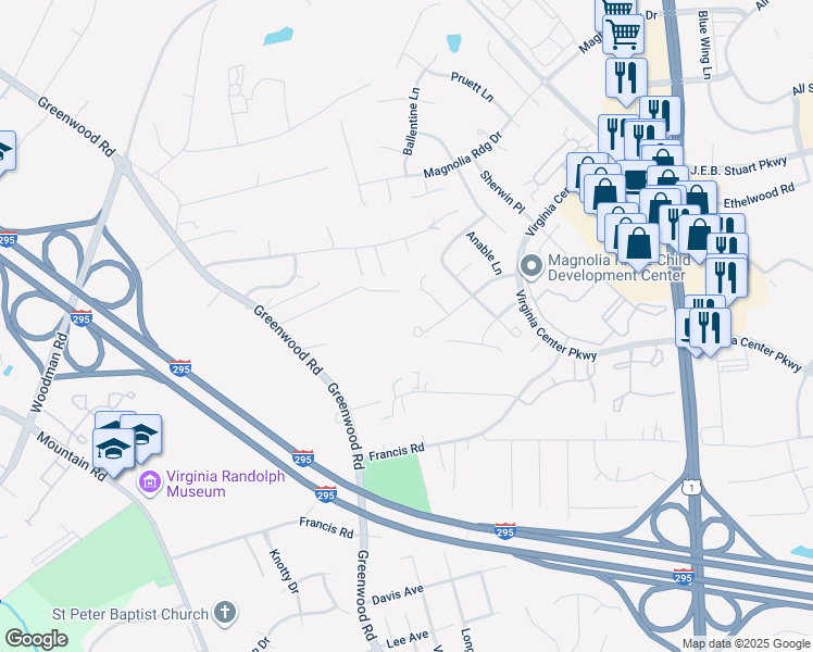 map of restaurants, bars, coffee shops, grocery stores, and more near 1836 Bellamy Place in Glen Allen