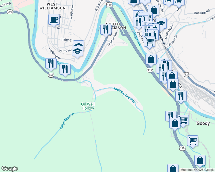 map of restaurants, bars, coffee shops, grocery stores, and more near 2-166 Happy Valley Road in South Williamson