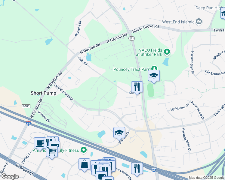 map of restaurants, bars, coffee shops, grocery stores, and more near 4557 Bacova Club Court in Glen Allen