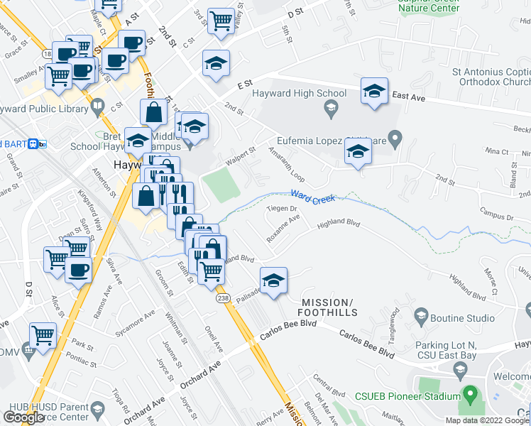 map of restaurants, bars, coffee shops, grocery stores, and more near 1153 Tiegen Drive in Hayward