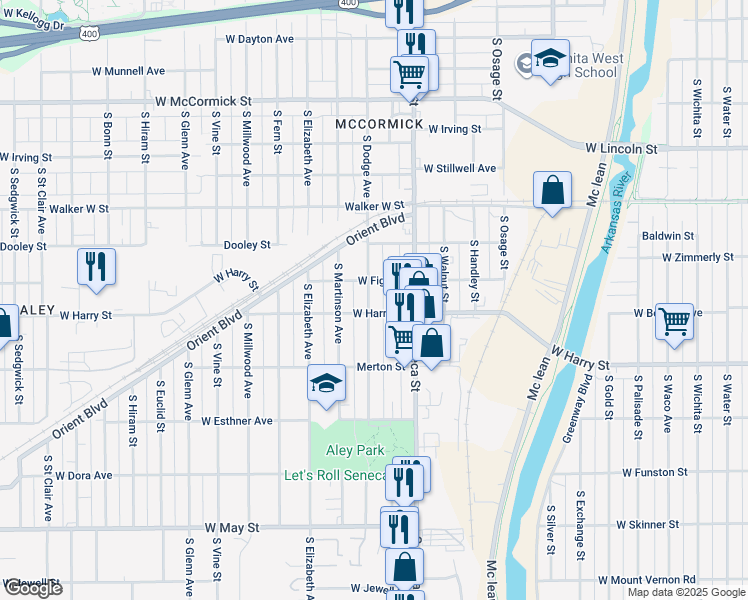map of restaurants, bars, coffee shops, grocery stores, and more near 1516 A South Dodge Avenue in Wichita