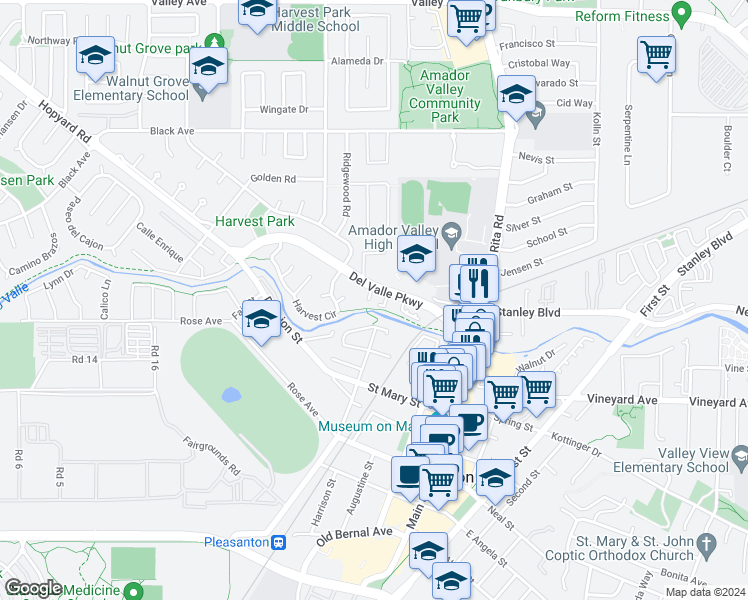 map of restaurants, bars, coffee shops, grocery stores, and more near 4452 Del Valle Parkway in Pleasanton