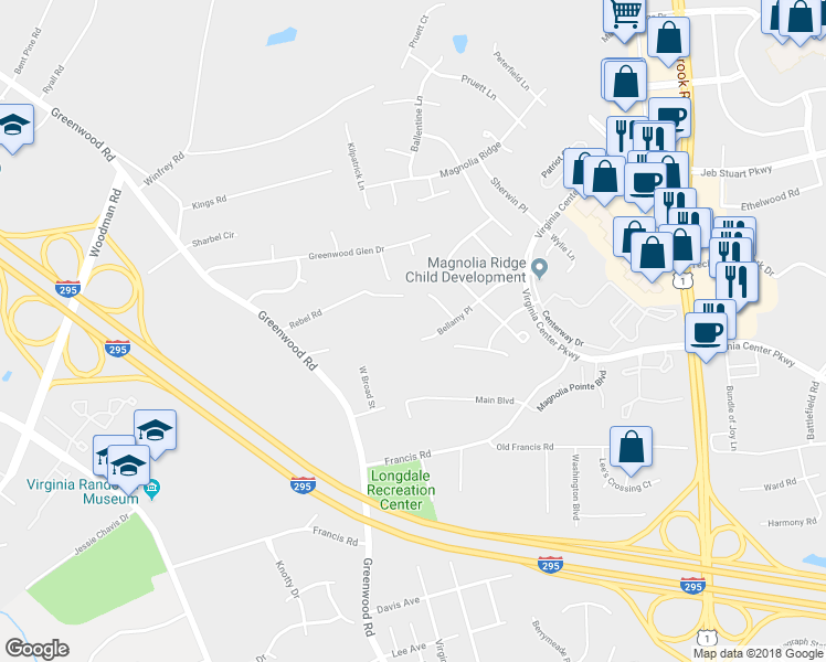 map of restaurants, bars, coffee shops, grocery stores, and more near 1836 Bellamy Place in Glen Allen