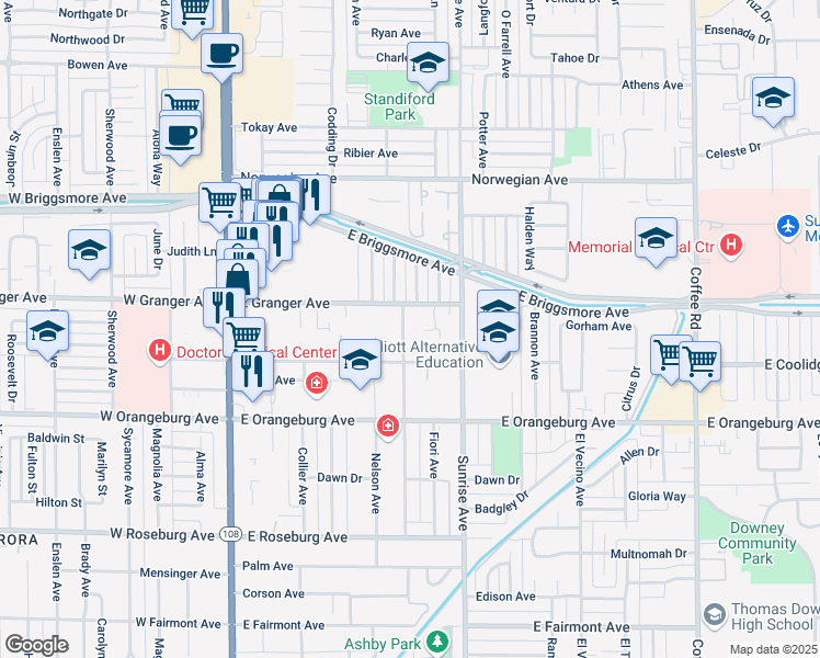 map of restaurants, bars, coffee shops, grocery stores, and more near 1528 Melrose Avenue in Modesto