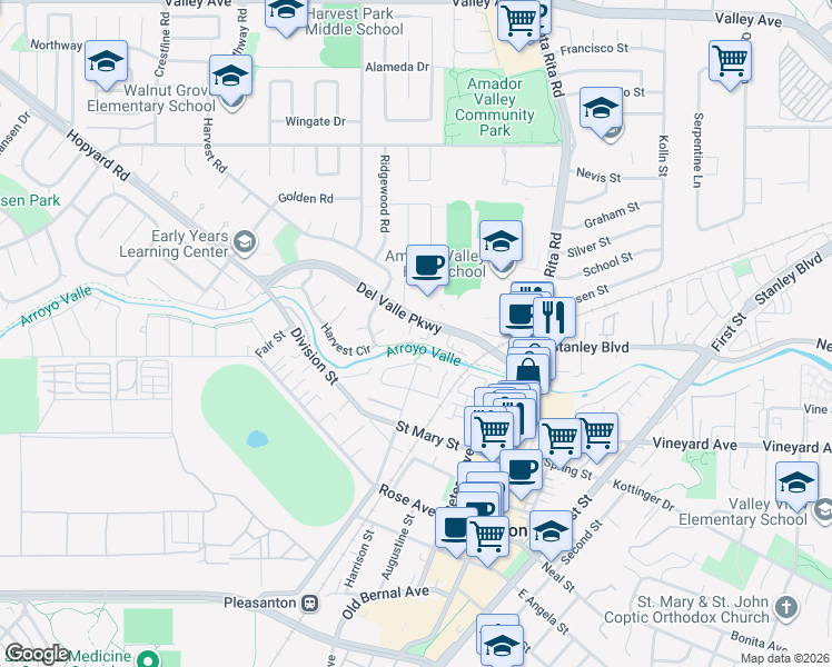 map of restaurants, bars, coffee shops, grocery stores, and more near 4452 Del Valle Parkway in Pleasanton