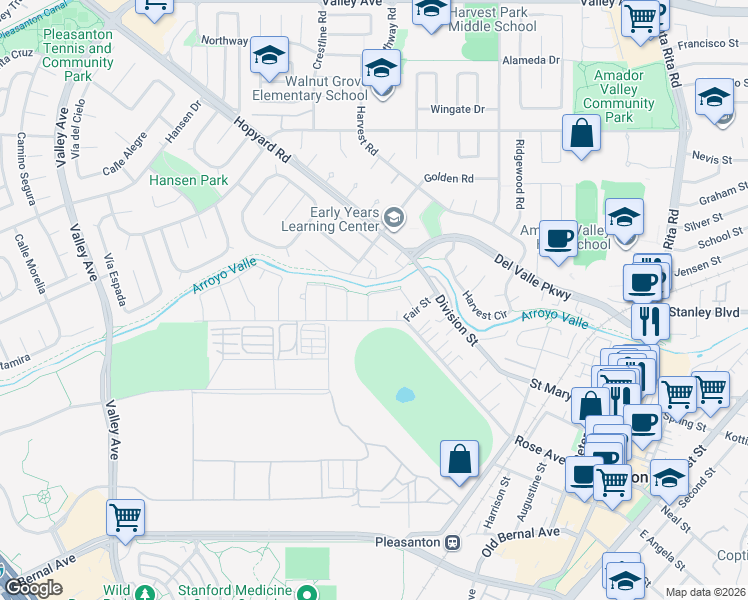 map of restaurants, bars, coffee shops, grocery stores, and more near 1308 Creek Trail Drive in Pleasanton