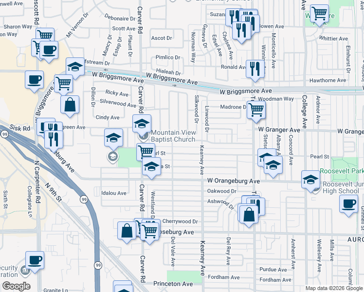 map of restaurants, bars, coffee shops, grocery stores, and more near 1536 Glenwood Drive in Modesto