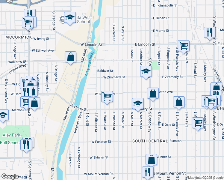map of restaurants, bars, coffee shops, grocery stores, and more near 1449 South Wichita Street in Wichita