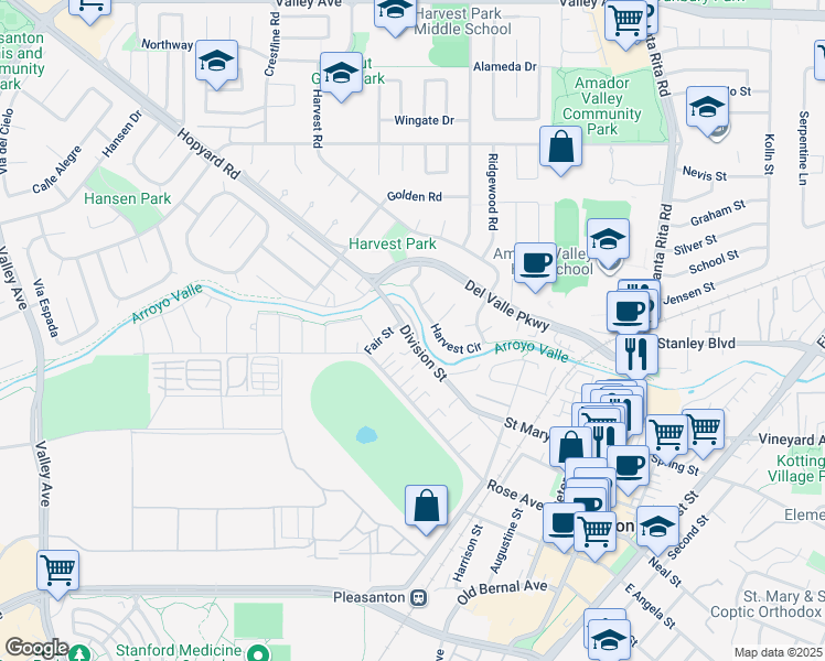 map of restaurants, bars, coffee shops, grocery stores, and more near 1029 Division Street in Pleasanton