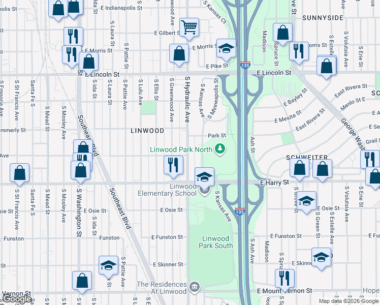 map of restaurants, bars, coffee shops, grocery stores, and more near 1444 South Hydraulic Avenue in Wichita