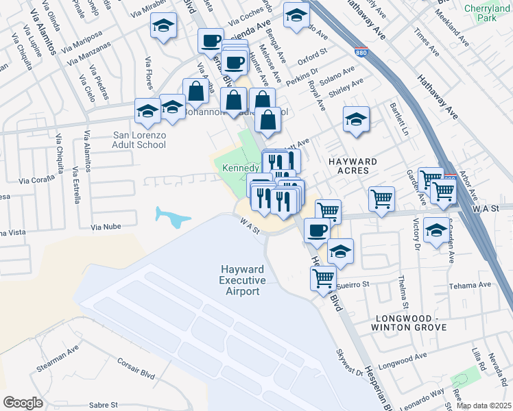 map of restaurants, bars, coffee shops, grocery stores, and more near 19661 Hesperian Boulevard in Hayward