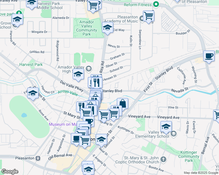 map of restaurants, bars, coffee shops, grocery stores, and more near 112 Barias Place in Pleasanton