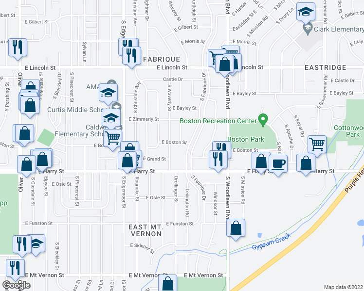 map of restaurants, bars, coffee shops, grocery stores, and more near 6001 East Boston Street in Wichita
