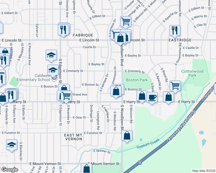 map of restaurants, bars, coffee shops, grocery stores, and more near 1134 South Fabrique Drive in Wichita