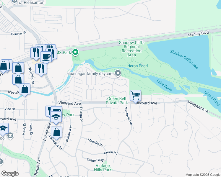 map of restaurants, bars, coffee shops, grocery stores, and more near 3107 Half Dome Drive in Pleasanton