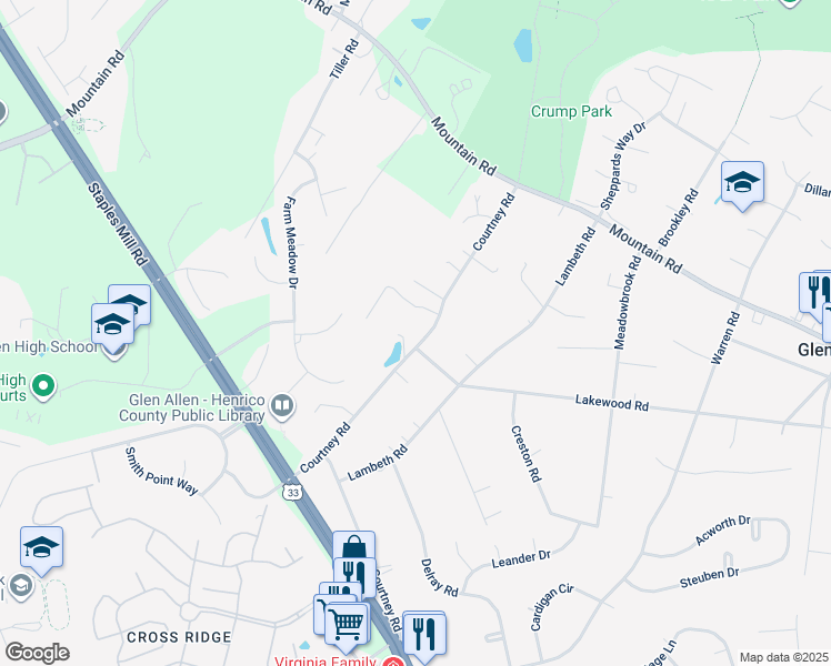 map of restaurants, bars, coffee shops, grocery stores, and more near 10576 Courtney Road in Glen Allen