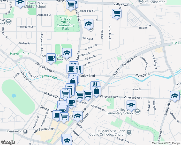 map of restaurants, bars, coffee shops, grocery stores, and more near 4095 Stanley Boulevard in Pleasanton
