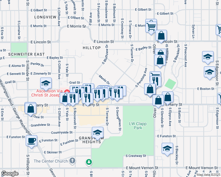 map of restaurants, bars, coffee shops, grocery stores, and more near 1409 South Terrace Drive in Wichita