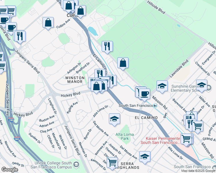 map of restaurants, bars, coffee shops, grocery stores, and more near 1700 El Camino Real in South San Francisco