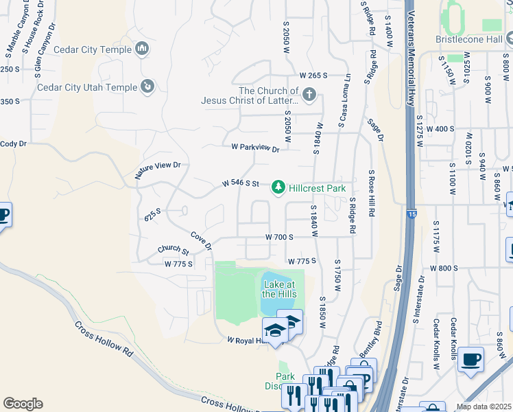 map of restaurants, bars, coffee shops, grocery stores, and more near 605 Morningside Circle in Cedar City