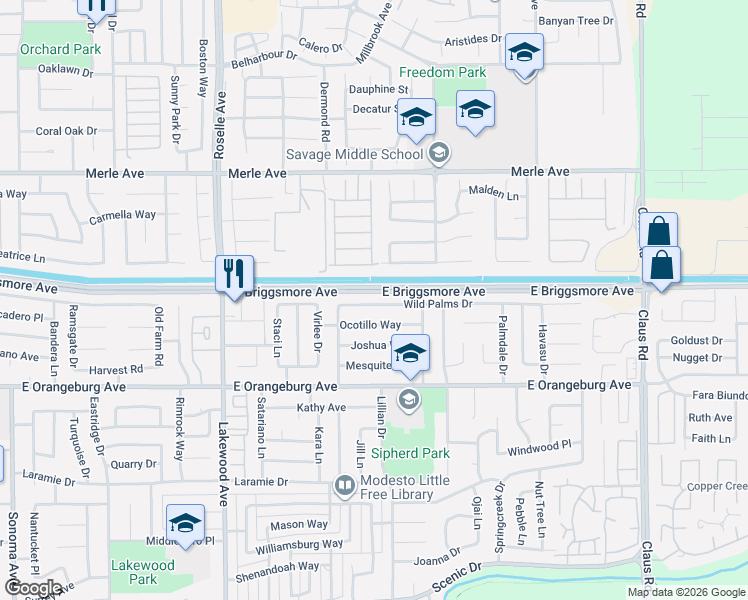 map of restaurants, bars, coffee shops, grocery stores, and more near 3325 Wild Palms Drive in Modesto