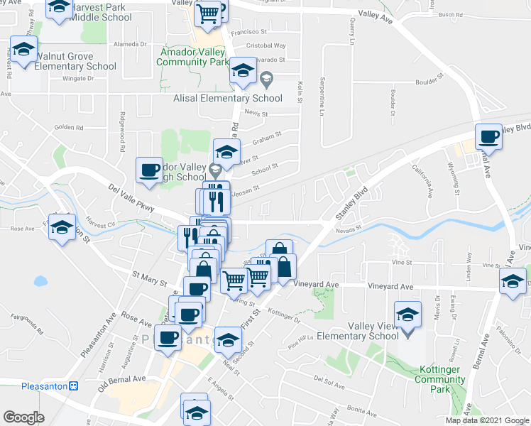 map of restaurants, bars, coffee shops, grocery stores, and more near 4095 Stanley Boulevard in Pleasanton