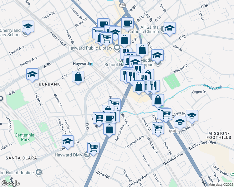 map of restaurants, bars, coffee shops, grocery stores, and more near 22925 Kingsford Way in Hayward