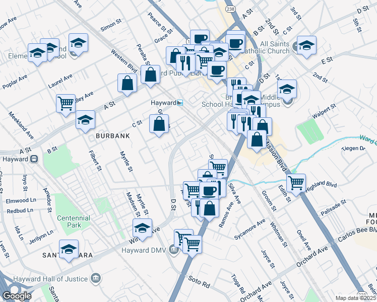 map of restaurants, bars, coffee shops, grocery stores, and more near in Hayward