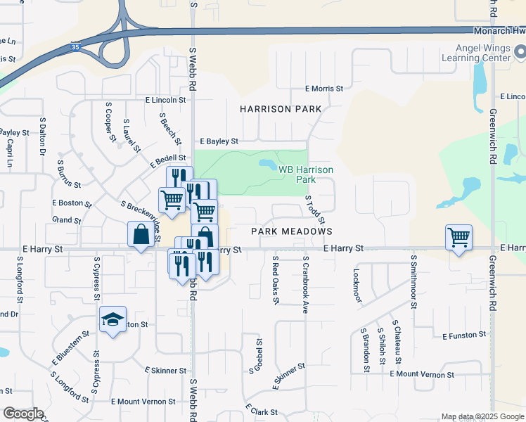 map of restaurants, bars, coffee shops, grocery stores, and more near 1457 South Goebel Circle in Wichita