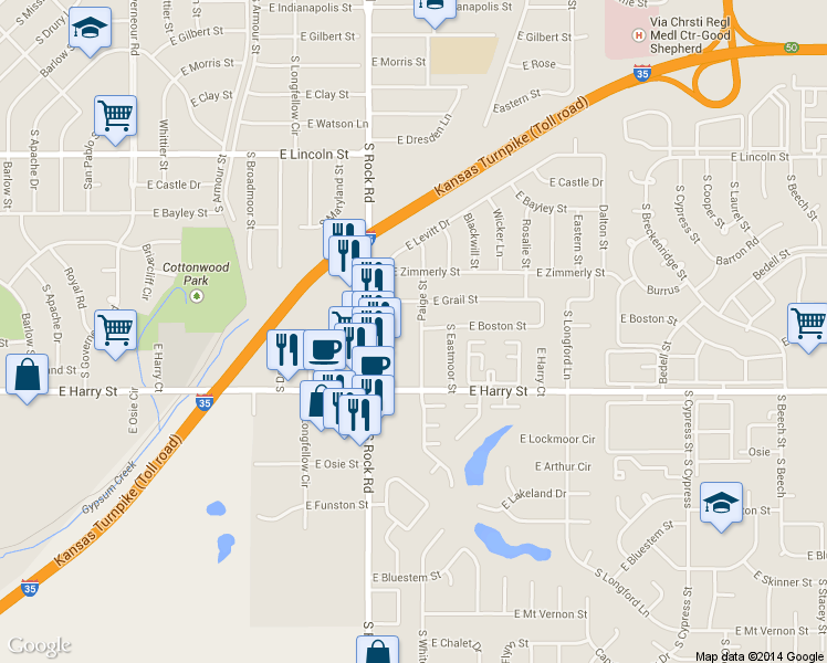 map of restaurants, bars, coffee shops, grocery stores, and more near 0 Wichita in Park City