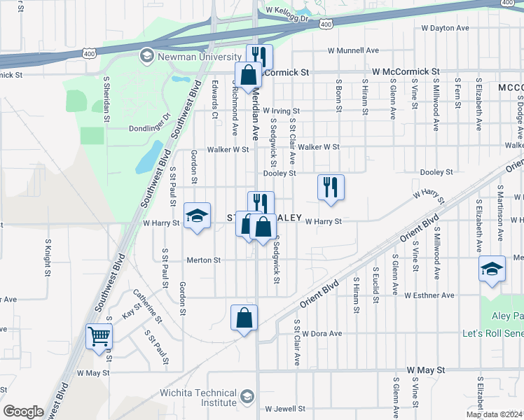 map of restaurants, bars, coffee shops, grocery stores, and more near 1537 South Meridian Avenue in Wichita