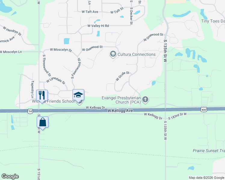 map of restaurants, bars, coffee shops, grocery stores, and more near 14205-14213 Monterey in Wichita