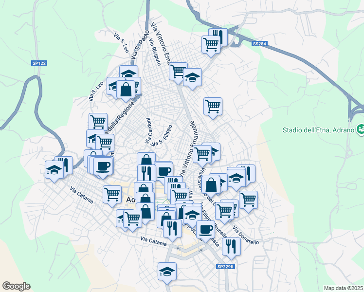 map of restaurants, bars, coffee shops, grocery stores, and more near 57 Via Verdi in Adrano