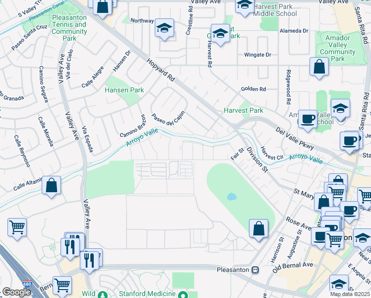 map of restaurants, bars, coffee shops, grocery stores, and more near 1533 Rose Lane in Pleasanton