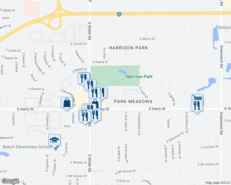 map of restaurants, bars, coffee shops, grocery stores, and more near 1457 South Goebel Circle in Wichita