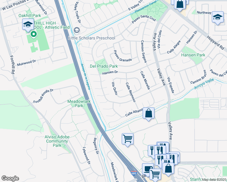 map of restaurants, bars, coffee shops, grocery stores, and more near 6918 Vía Quito in Pleasanton