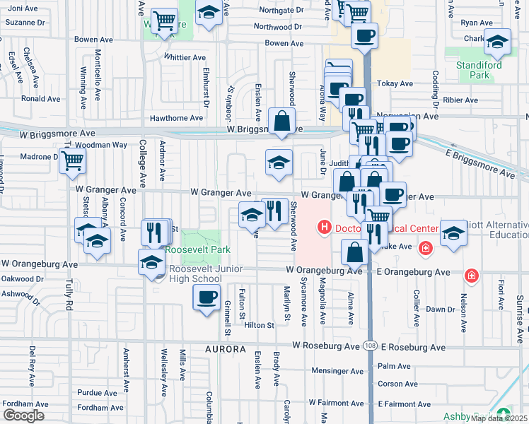 map of restaurants, bars, coffee shops, grocery stores, and more near 512 Catalina Way in Modesto