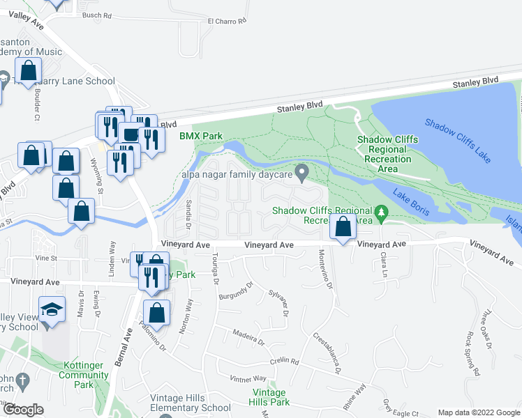 map of restaurants, bars, coffee shops, grocery stores, and more near 3151 Half Dome Drive in Pleasanton
