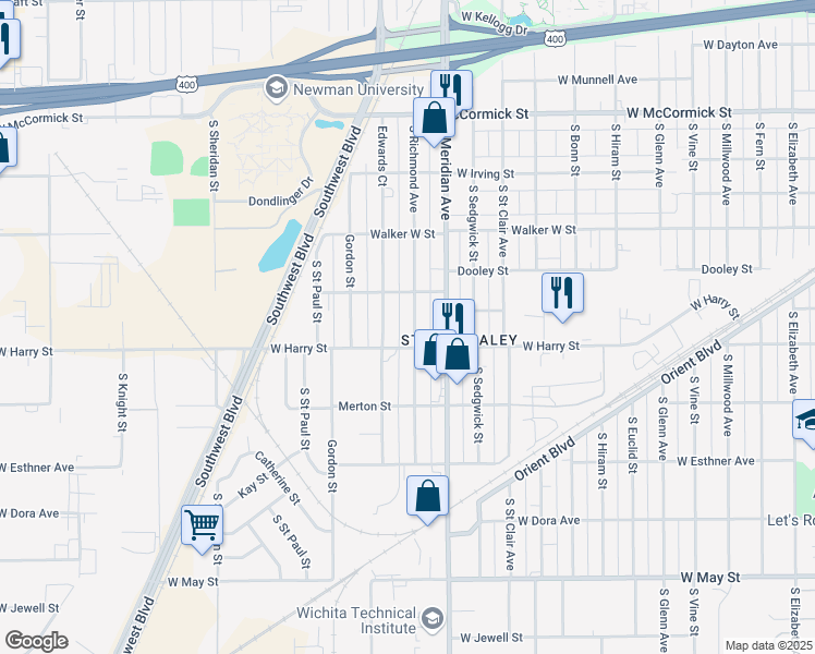 map of restaurants, bars, coffee shops, grocery stores, and more near 1541 Richmond South in Wichita