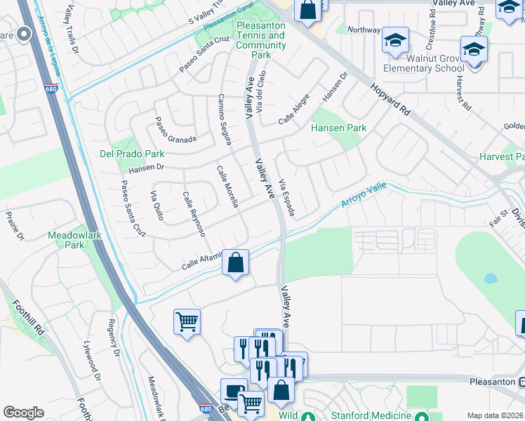 map of restaurants, bars, coffee shops, grocery stores, and more near 7800 Paseo Santa Cruz in Pleasanton