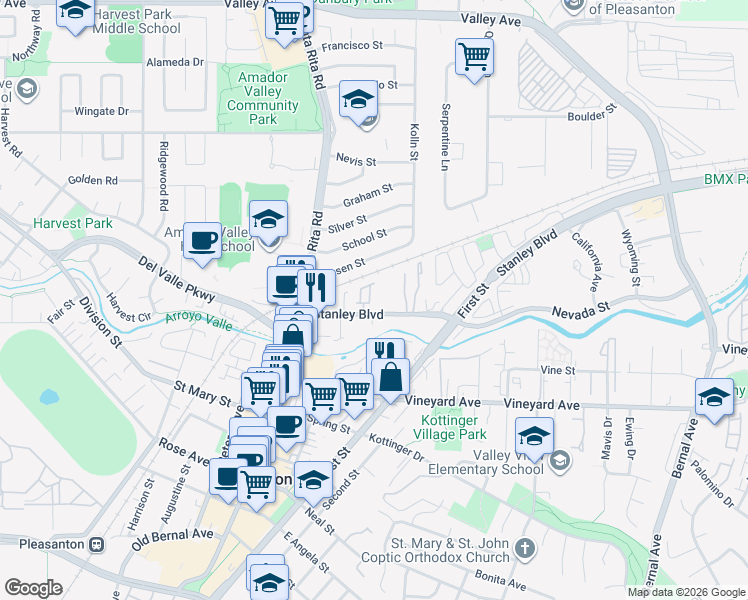 map of restaurants, bars, coffee shops, grocery stores, and more near 4095 Stanley Boulevard in Pleasanton
