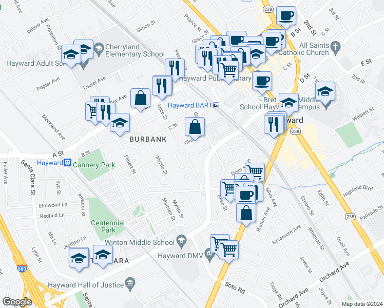 map of restaurants, bars, coffee shops, grocery stores, and more near 22814 Alice Street in Hayward