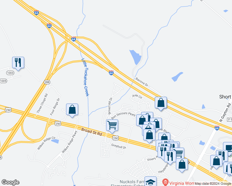 map of restaurants, bars, coffee shops, grocery stores, and more near 4500 Broad Hill Drive in Henrico