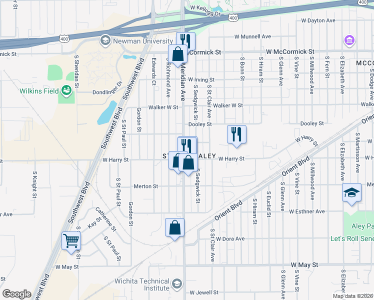 map of restaurants, bars, coffee shops, grocery stores, and more near 1537 South Meridian Avenue in Wichita